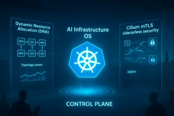Futuristic control plane display showing AI infrastructure OS, DRA, and sidecarless security with eBPF.