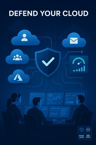 Blue illustration of a cloud network with a shield and “DEFEND YOUR CLOUD” headline.