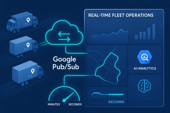 Futuristic logistics graphic showing cloud connectivity and “Google Pub/Sub” for real-time fleet analytics.