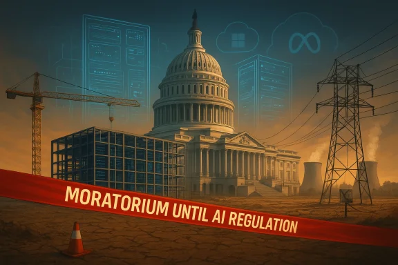 Illustration of the U.S. Capitol with construction cranes, power lines, and neon “moratorium until ai regulation” banner.