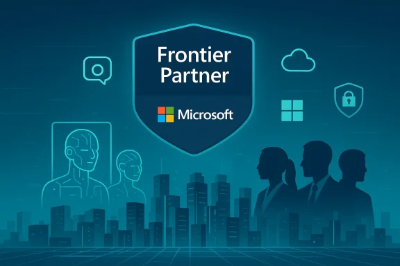 Digital illustration of a “Frontier Partner” shield with Microsoft branding over a futuristic city skyline.