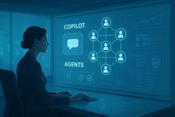 Futuristic scene of a person using a screen showing “COPILOT” and networked “AGENTS” icons.