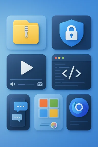 Set of colorful app-style icons for folders, security, video, coding, chat, tiles, and a browser on blue.