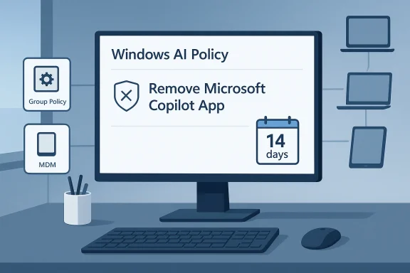 Illustration showing a monitor titled “Windows AI Policy” with a prompt to remove the Microsoft Copilot app.