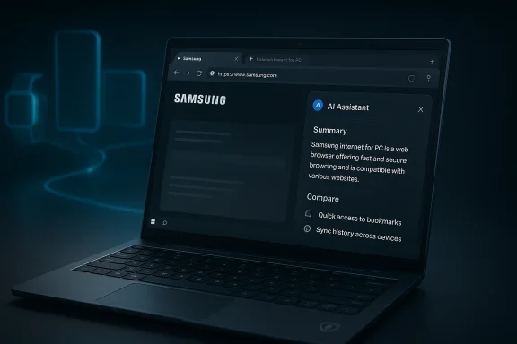 A Samsung laptop shows a browser page with an “AI Assistant” summary panel.