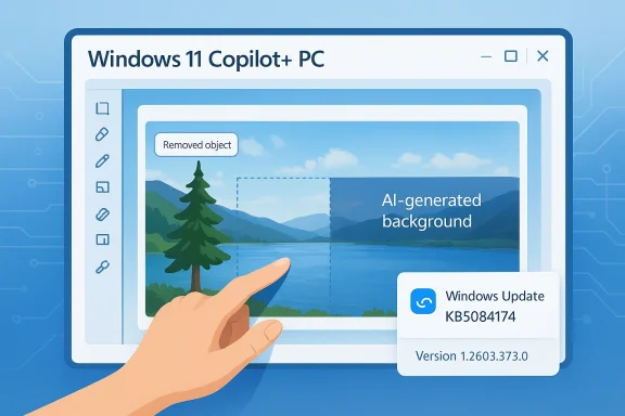 Illustration of a hand using Windows 11 Copilot+ PC editing AI background, with Windows update KB5084174 notice.