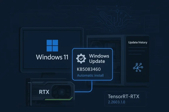 Futuristic Windows 11 update graphic showing “Windows Update KB5083460” with automatic install.