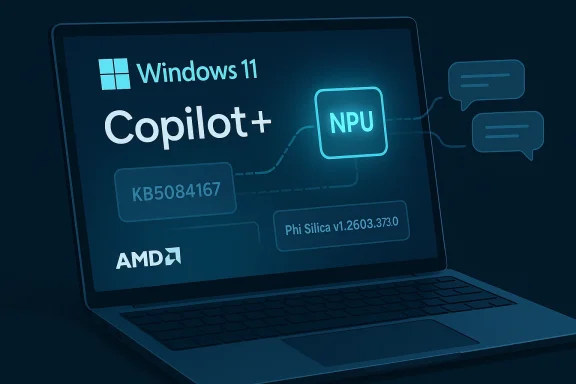 A laptop display shows Windows 11 Copilot+ features with an NPU and AMD branding.