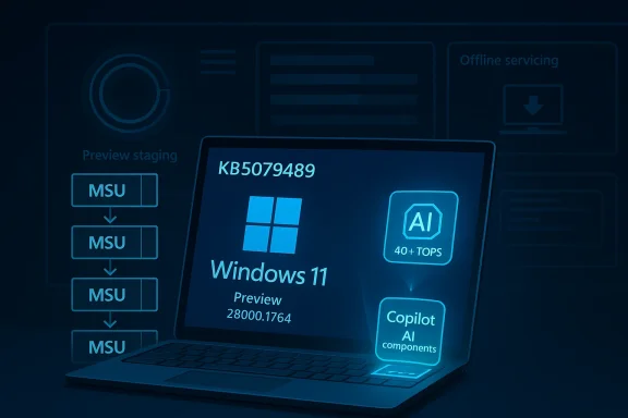 Neon blue graphic shows a laptop installing Windows 11 KB5079489 with Copilot and “Offline servicing.”
