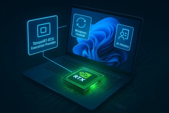 Neon-lit laptop shows Windows update and AI history alongside a glowing RTX chip.