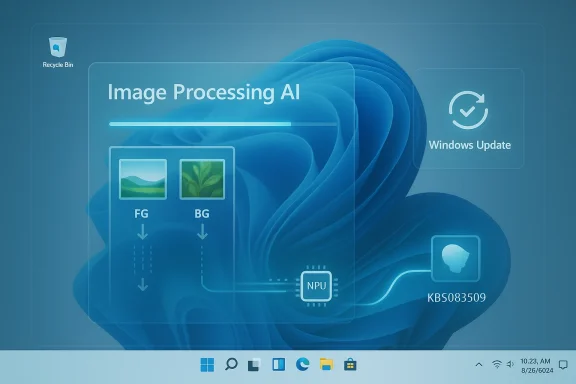 Futuristic Windows-style desktop UI shows “Image Processing AI” using an NPU with Windows Update.