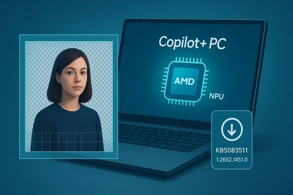 Abstract graphic shows a laptop labeled “Copilot+ PC” with an AMD NPU chip and a user image.