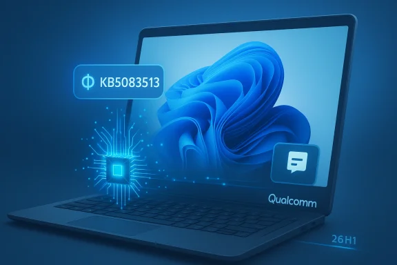 Blue-themed laptop graphic with Qualcomm branding, QR-like code, and circuit/AI network visuals. Blue-themed laptop graphic with Qualcomm branding, QR-like code, and circuit/AI network visuals.