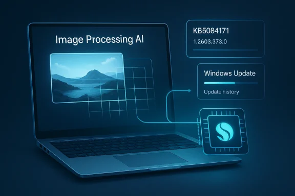 Futuristic laptop UI shows “Image Processing AI” and a Windows update panel beside a system icon.