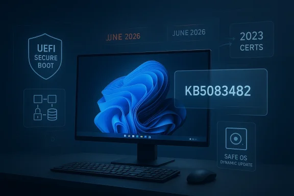 Digital cybersecurity update graphic showing Windows KB5083482 with secure boot and June 2026 timeline. Digital cybersecurity update graphic showing Windows KB5083482 with secure boot and June 2026 timeline.