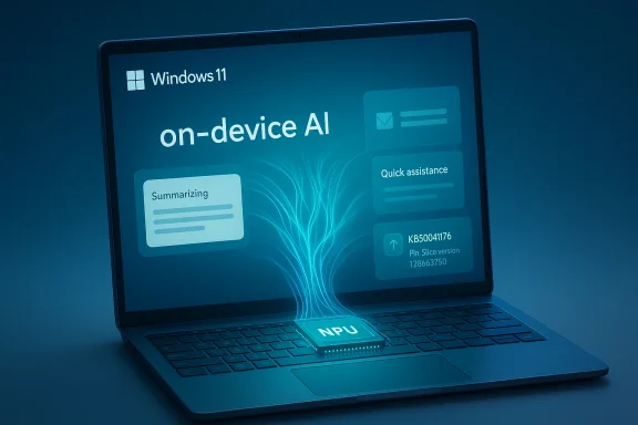A laptop screen shows Windows 11 on-device AI features with a glowing NPU icon. A laptop screen shows Windows 11 on-device AI features with a glowing NPU icon.
