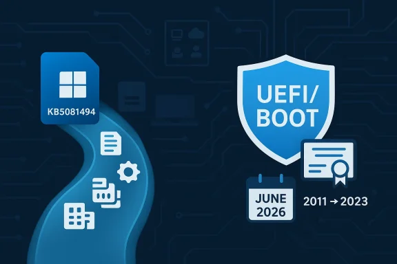Blue digital security graphic showing “UEFI/BOOT” shield protecting a Windows key and timeline 2011–2023–2026. Blue digital security graphic showing “UEFI/BOOT” shield protecting a Windows key and timeline 2011–2023–2026.