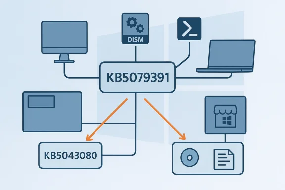 Diagram showing Windows KB identifiers connected between computers and storage with arrows.