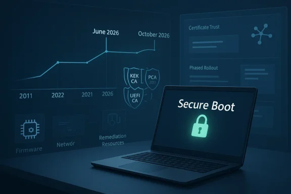 A laptop displays a “Secure Boot” lock icon over a blue cybersecurity dashboard with charts and shields.