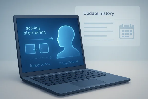 Futuristic laptop UI showing “scaling information” and “Update history” with calendar icons.