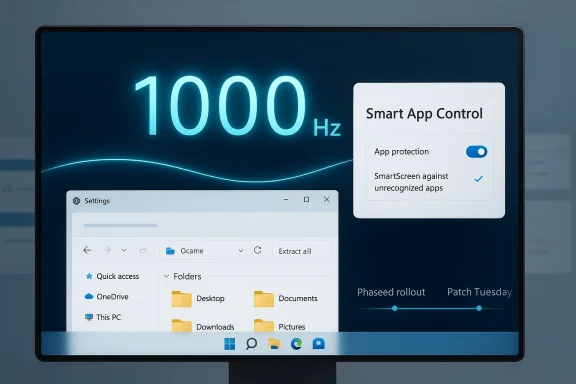 A monitor UI shows “Smart App Control” settings with a 1000Hz display and upgrade rollout timeline.