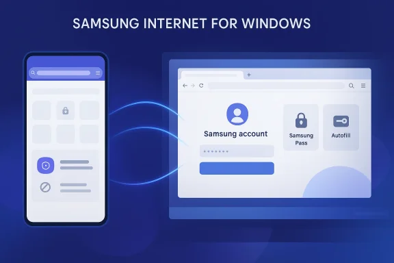 Promotional graphic showing Samsung Internet for Windows login screens on phone and desktop.