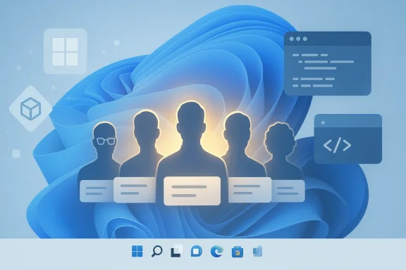 Blue digital cloud background with silhouetted avatars, chat cards, and code/browser UI icons.