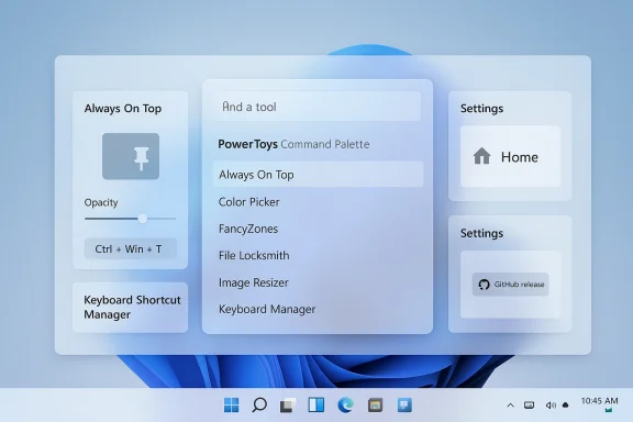 UI settings window with “Always On Top” options and “PowerToys Command Palette” on a Windows desktop.