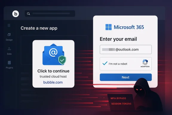 Illustration of a “Create a new app” Microsoft 365 sign-in page with an email field and reCAPTCHA.