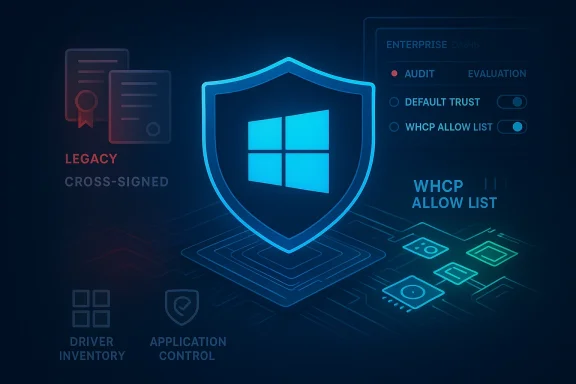 Digital cybersecurity graphic with a glowing shield and Windows icon alongside audit evaluation settings.