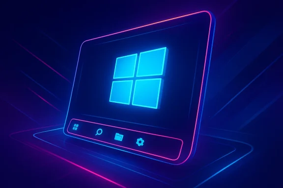 Neon gaming laptop screen with glowing window icon on a blue-purple cyber background.