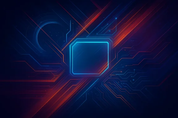 Futuristic neon circuit board with glowing hexagonal core in blue, red, and orange light.