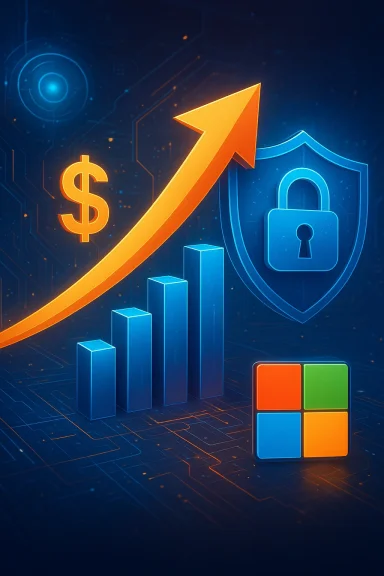 Cybersecurity-themed chart showing rising profits with a dollar sign, growth bars, and a lock shield.