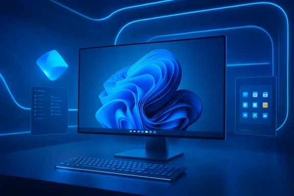 Futuristic blue-lit computer monitor with Windows-style swirls and floating UI panels.