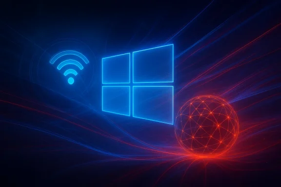 Futuristic network graphic with a glowing wifi icon, app-like window, and red data sphere in motion trails.