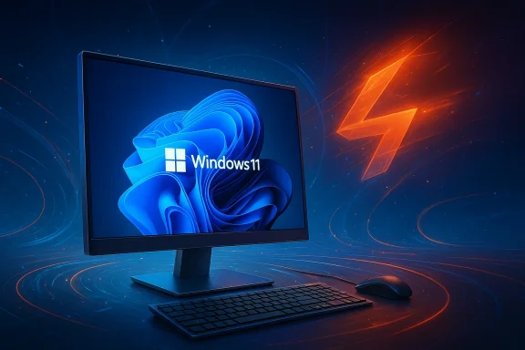 Futuristic desktop with Windows 11 screen and glowing blue-orange graphics.