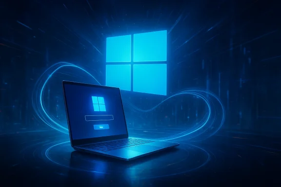 Glowing laptop with Windows logo beneath a luminous Windows icon, surrounded by blue circuit light trails.
