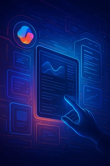 Futuristic neon interface background with glowing graphs, panels, and a waving hand cursor.