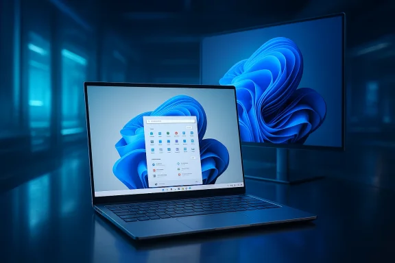 Laptop displaying Windows 11 settings beside a larger monitor with blue ribbon graphics in a dim office.
