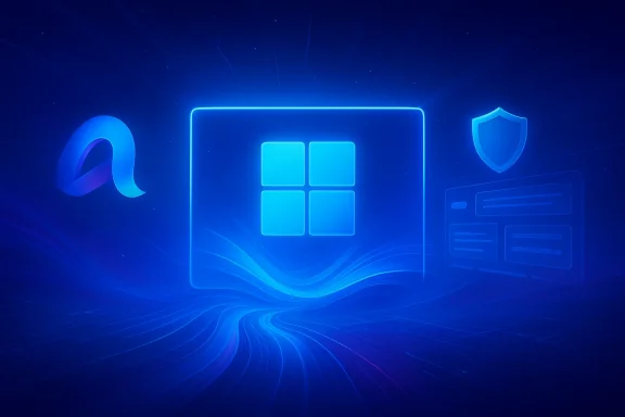 Futuristic blue cybersecurity-themed interface with shield and lock icons on a neon dashboard.