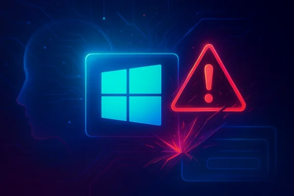 Neon blue Windows logo with a red warning triangle and exclamation mark on a futuristic circuit background.