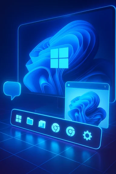 Futuristic Windows-themed UI with glowing icons and overlapping screens in vibrant blue light.