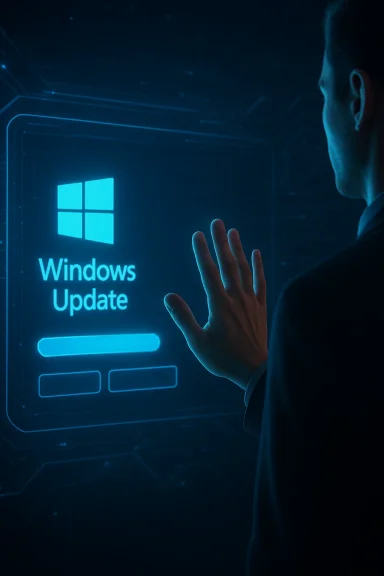 Blue-lit futuristic interface shows “Windows Update” as a person’s raised hand reaches toward it.