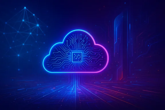 Neon cloud with a microchip at its center, surrounded by futuristic circuitry and data streams.