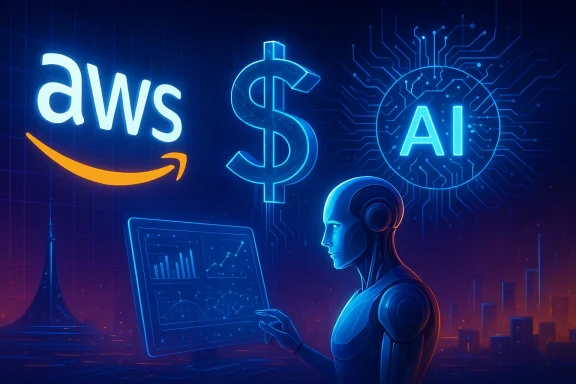 Futuristic AI-themed scene with a glowing dollar sign, “AI” circuit emblem, and a holographic analyst in headphones.