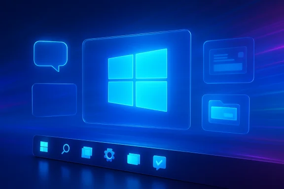 Neon-blue Windows-style icons with a glowing logo on a dark futuristic desktop background.