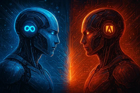 Futuristic blue and orange android heads face off in a glowing circuit-board cyber showdown.