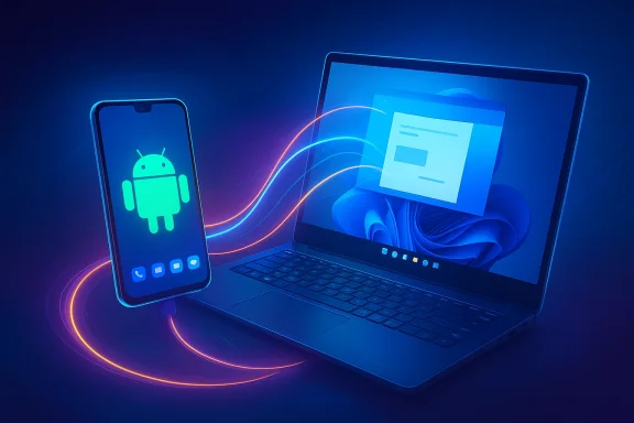 A neon-lit laptop and smartphone display Android visuals with glowing data waves and icons.