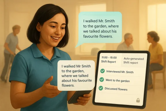 Smiling nurse holds notes while a tablet shows an auto-generated shift report about discussing Mr. Smith’s favourite flowers.