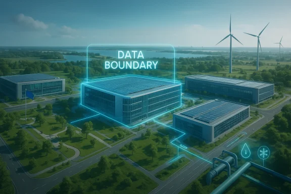 Aerial view of a smart energy campus with solar panels, wind turbines, and “DATA BOUNDARY” glowing overlay.